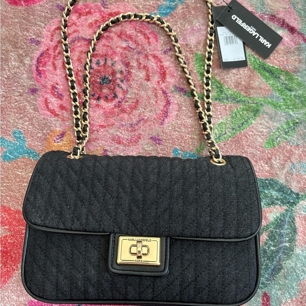 Karl Lagerfeld Black Quilted Chain Shoulder Bag with Gold Hardware